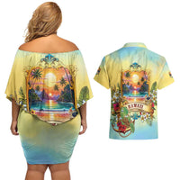 Aloha Hawaii Turtle Couples Matching Off Shoulder Short Dress and Hawaiian Shirt Retro Style - Polynesian Pride