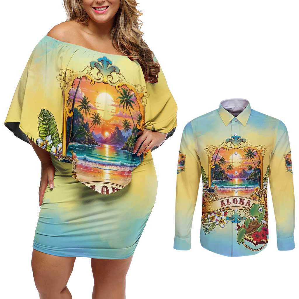 Aloha Hawaii Turtle Couples Matching Off Shoulder Short Dress and Long Sleeve Button Shirt Retro Style - Polynesian Pride