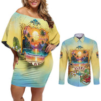 Aloha Hawaii Turtle Couples Matching Off Shoulder Short Dress and Long Sleeve Button Shirt Retro Style - Polynesian Pride