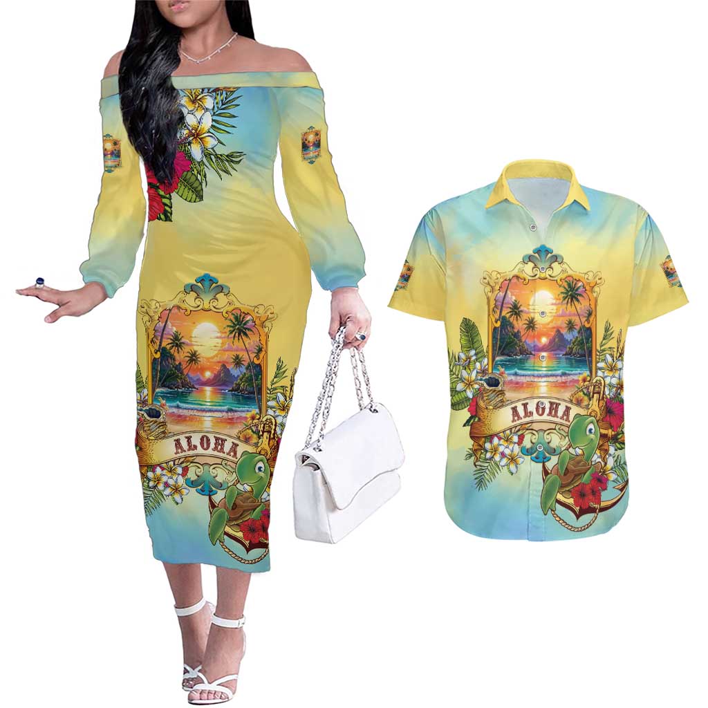 Aloha Hawaii Turtle Couples Matching Off The Shoulder Long Sleeve Dress and Hawaiian Shirt Retro Style - Polynesian Pride