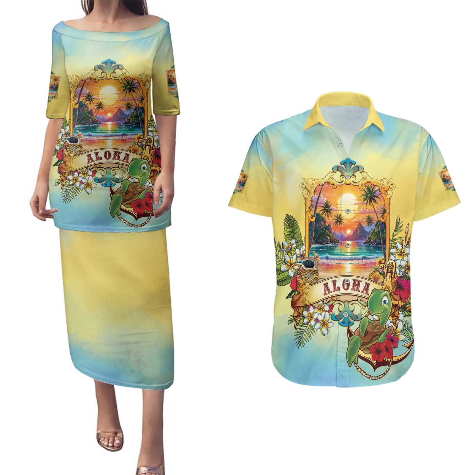 Aloha Hawaii Turtle Couples Matching Puletasi and Hawaiian Shirt Retro Style - Polynesian Pride