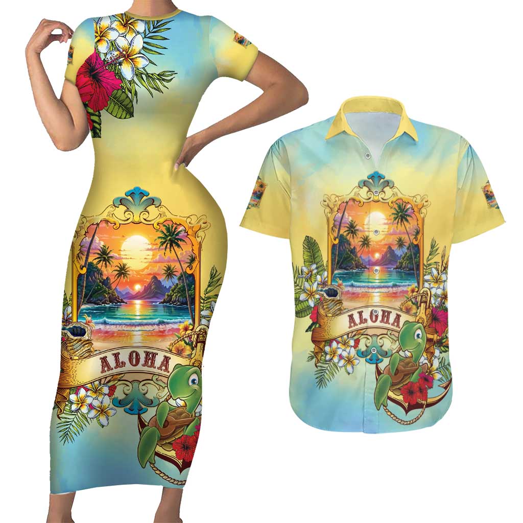 Aloha Hawaii Turtle Couples Matching Short Sleeve Bodycon Dress and Hawaiian Shirt Retro Style - Polynesian Pride