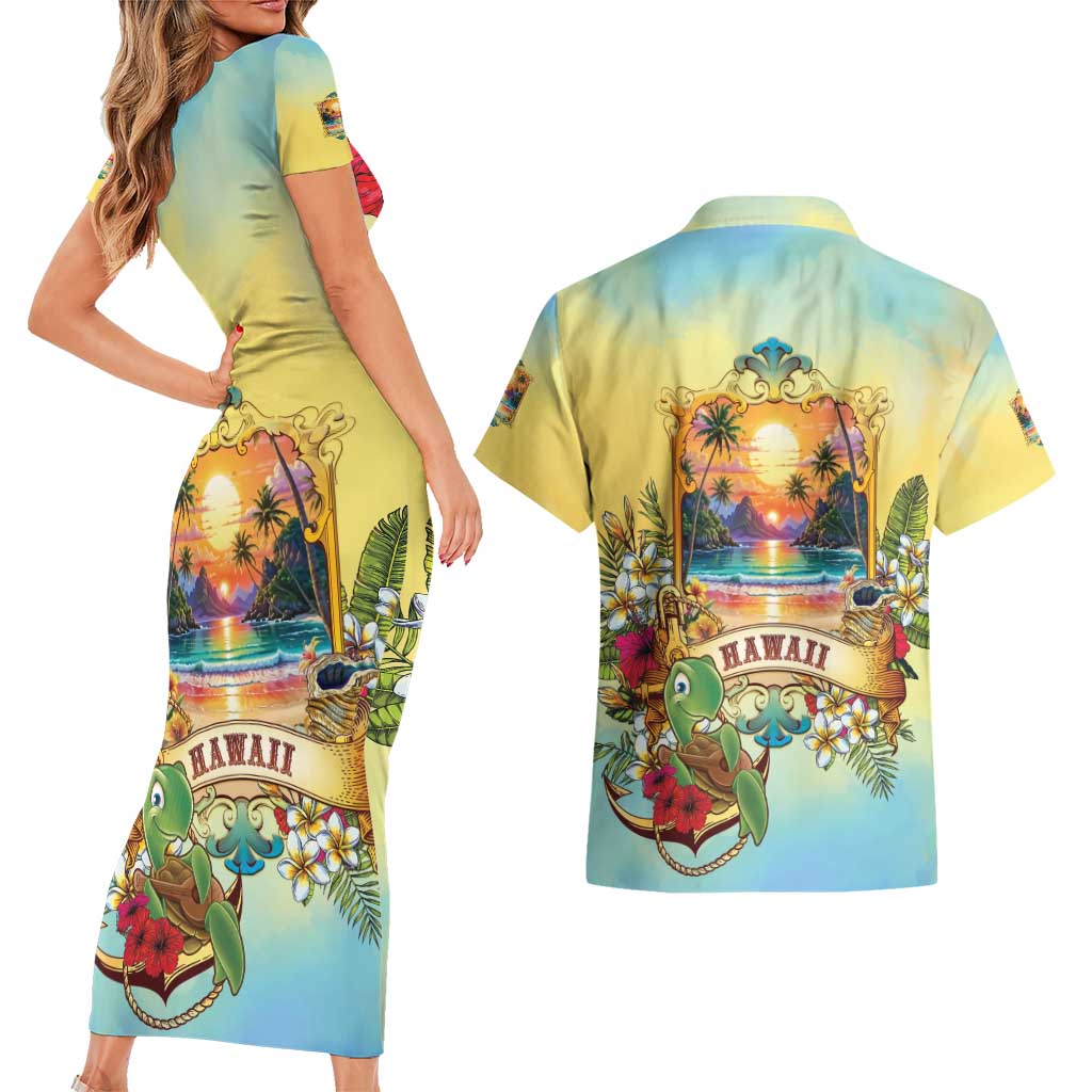Aloha Hawaii Turtle Couples Matching Short Sleeve Bodycon Dress and Hawaiian Shirt Retro Style - Polynesian Pride