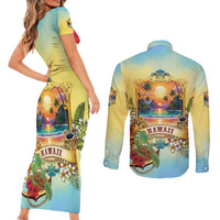 Aloha Hawaii Turtle Couples Matching Short Sleeve Bodycon Dress and Long Sleeve Button Shirt Retro Style - Polynesian Pride