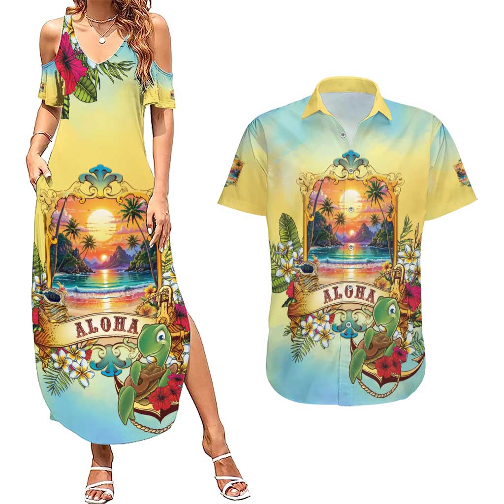 Aloha Hawaii Turtle Couples Matching Summer Maxi Dress and Hawaiian Shirt Retro Style - Polynesian Pride