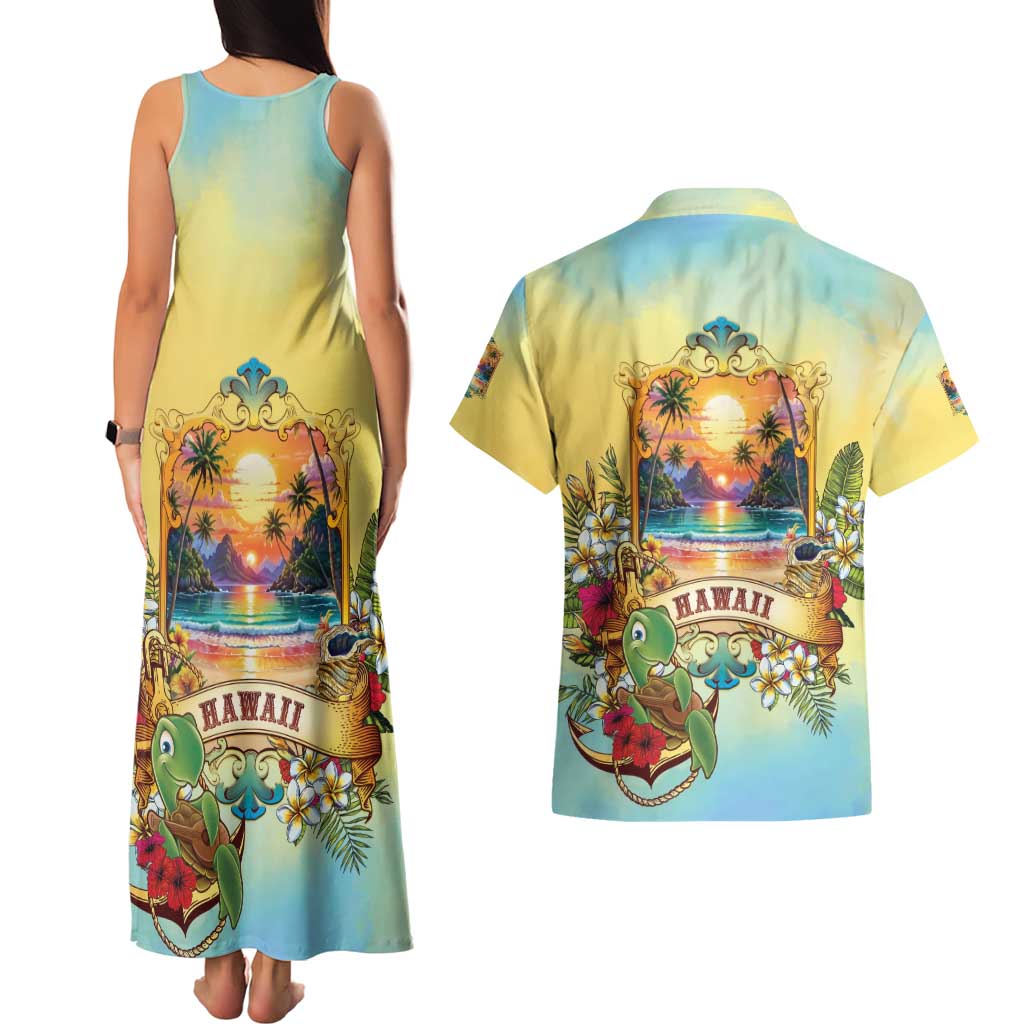Aloha Hawaii Turtle Couples Matching Tank Maxi Dress and Hawaiian Shirt Retro Style - Polynesian Pride