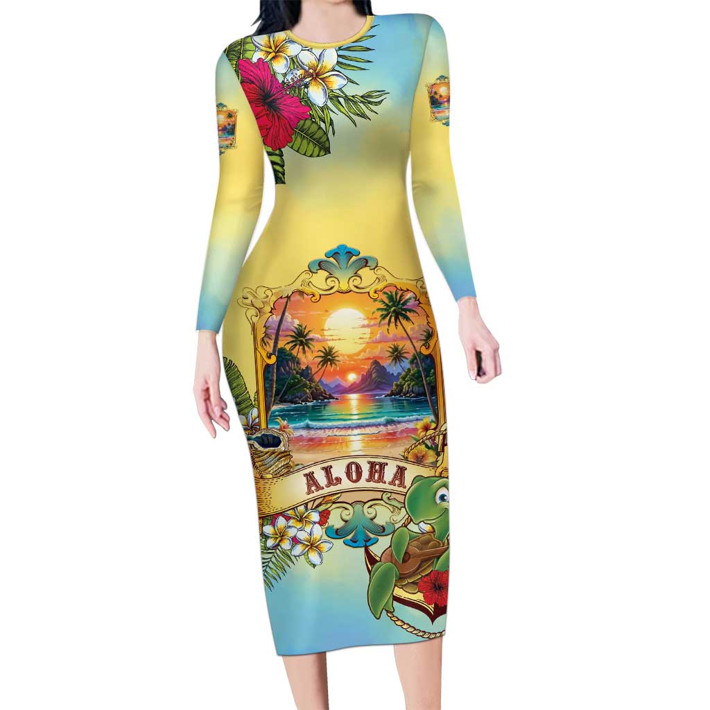 Aloha Hawaii Turtle Family Matching Long Sleeve Bodycon Dress and Hawaiian Shirt Retro Style - Polynesian Pride