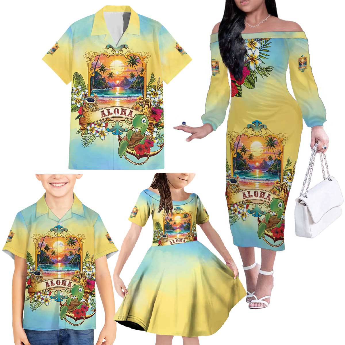Aloha Hawaii Turtle Family Matching Off The Shoulder Long Sleeve Dress and Hawaiian Shirt Retro Style - Polynesian Pride