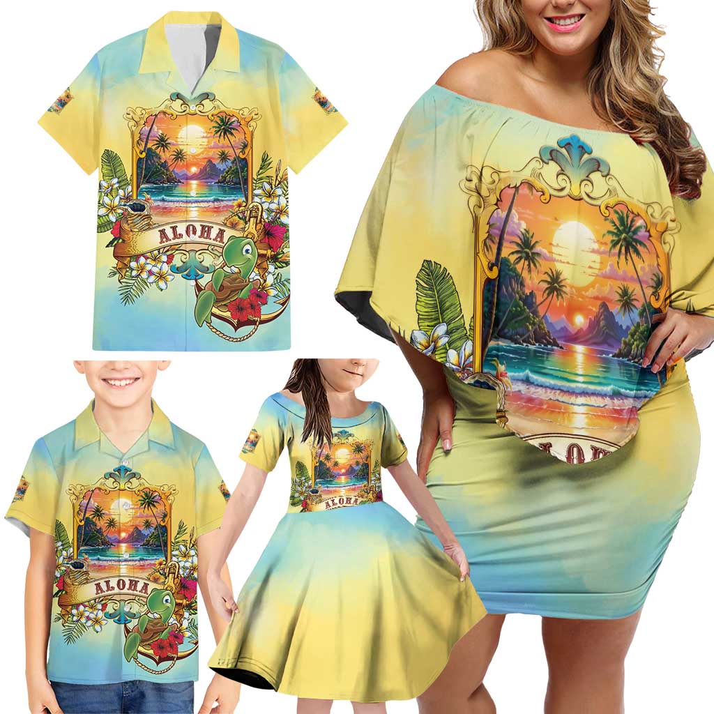 Aloha Hawaii Turtle Family Matching Off Shoulder Short Dress and Hawaiian Shirt Retro Style - Polynesian Pride
