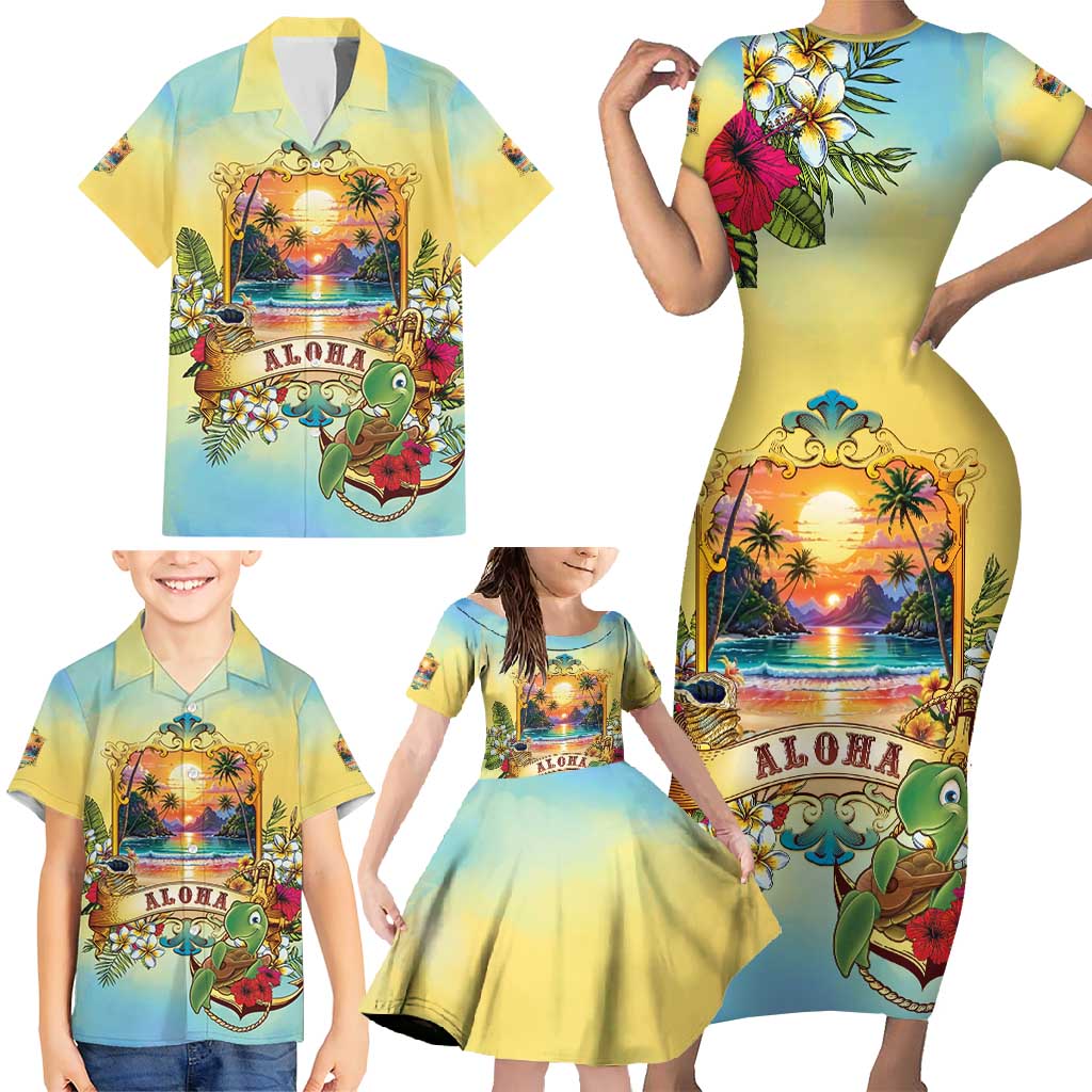 Aloha Hawaii Turtle Family Matching Short Sleeve Bodycon Dress and Hawaiian Shirt Retro Style - Polynesian Pride