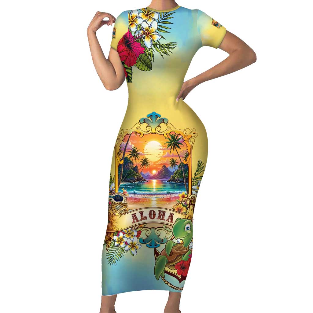 Aloha Hawaii Turtle Short Sleeve Bodycon Dress Retro Style - Polynesian Pride