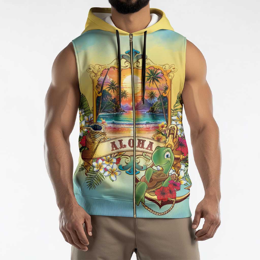 Aloha Hawaii Turtle Sleeveless Zip Hoodie Retro Style - Polynesian Pride