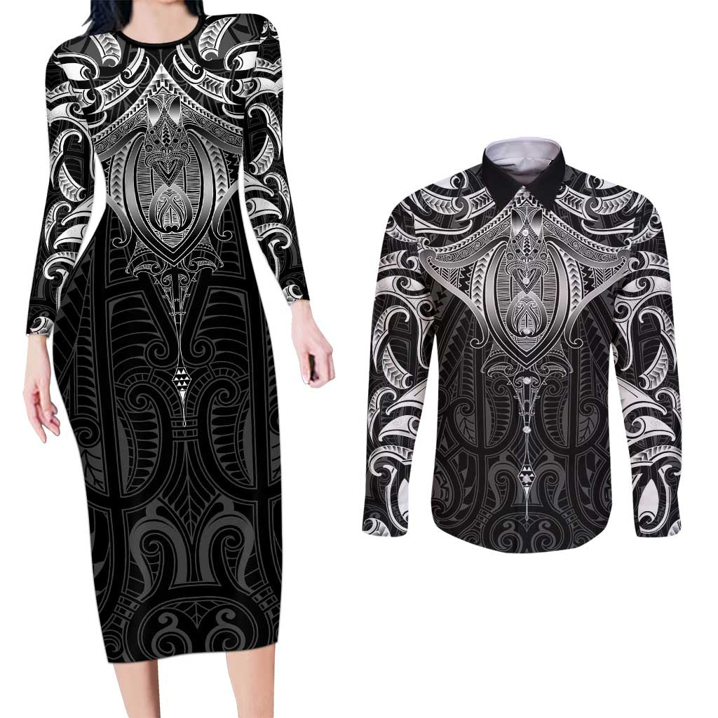 New Zealand Aotearoa Couples Matching Long Sleeve Bodycon Dress and Long Sleeve Button Shirt Maori Manta Ray Moko Black - Polynesian Pride
