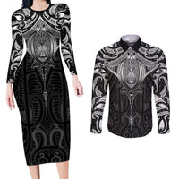 New Zealand Aotearoa Couples Matching Long Sleeve Bodycon Dress and Long Sleeve Button Shirt Maori Manta Ray Moko Black - Polynesian Pride