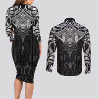 New Zealand Aotearoa Couples Matching Long Sleeve Bodycon Dress and Long Sleeve Button Shirt Maori Manta Ray Moko Black - Polynesian Pride