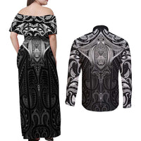 New Zealand Aotearoa Couples Matching Off Shoulder Maxi Dress and Long Sleeve Button Shirt Maori Manta Ray Moko Black - Polynesian Pride