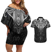 New Zealand Aotearoa Couples Matching Off Shoulder Short Dress and Hawaiian Shirt Maori Manta Ray Moko Black - Polynesian Pride