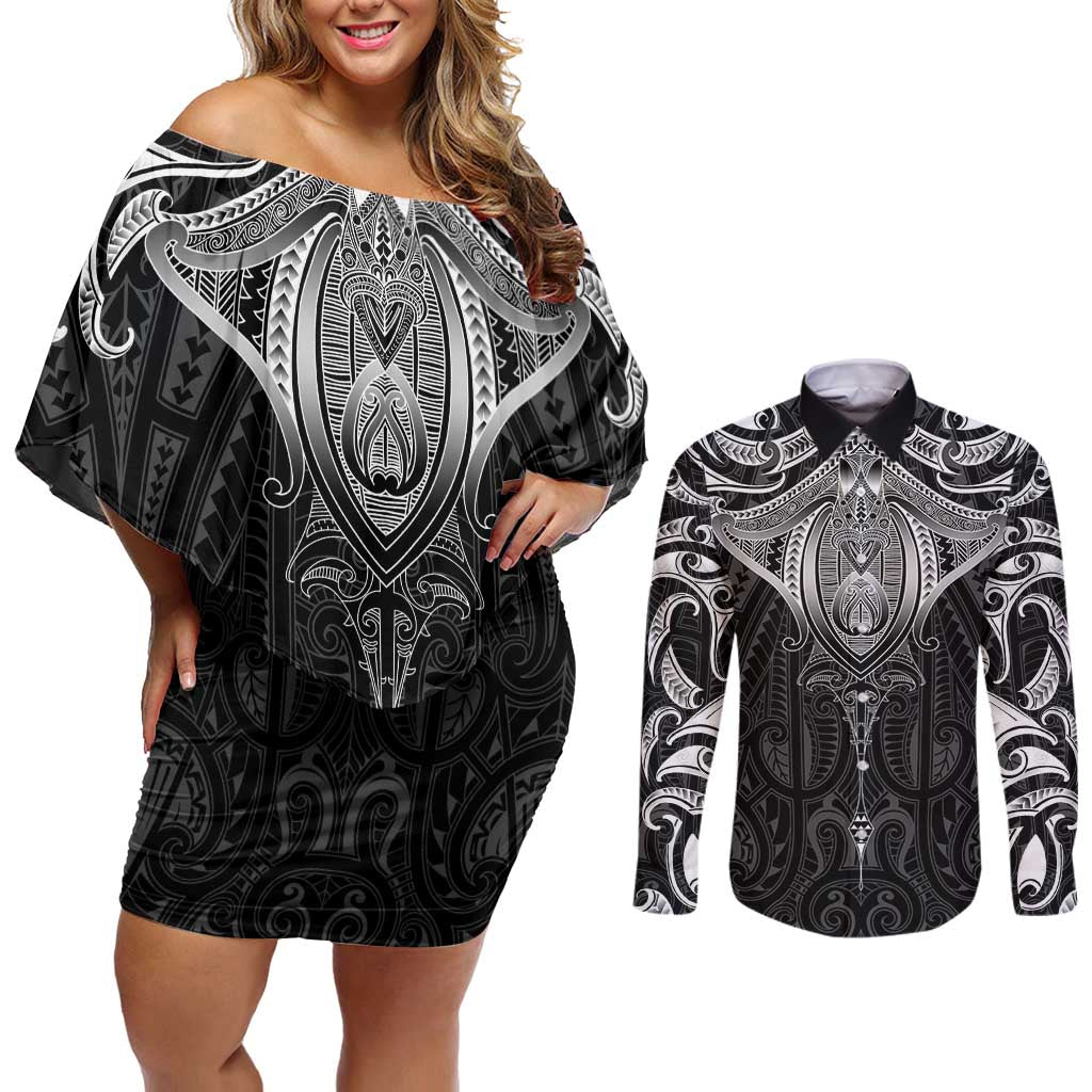 New Zealand Aotearoa Couples Matching Off Shoulder Short Dress and Long Sleeve Button Shirt Maori Manta Ray Moko Black - Polynesian Pride