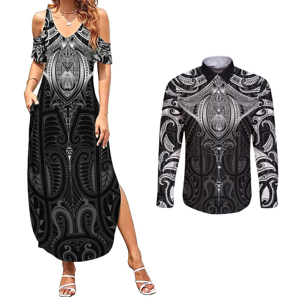 New Zealand Aotearoa Couples Matching Summer Maxi Dress and Long Sleeve Button Shirt Maori Manta Ray Moko Black - Polynesian Pride