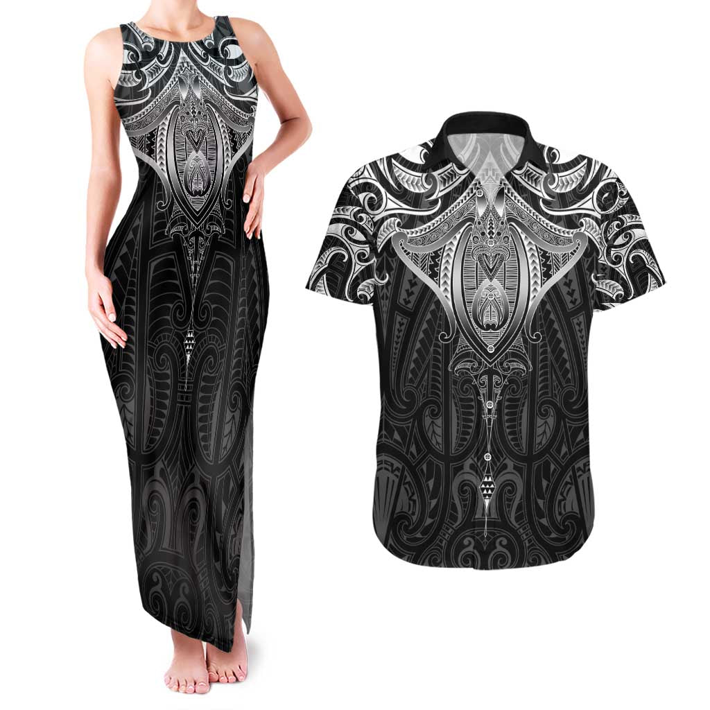 New Zealand Aotearoa Couples Matching Tank Maxi Dress and Hawaiian Shirt Maori Manta Ray Moko Black - Polynesian Pride