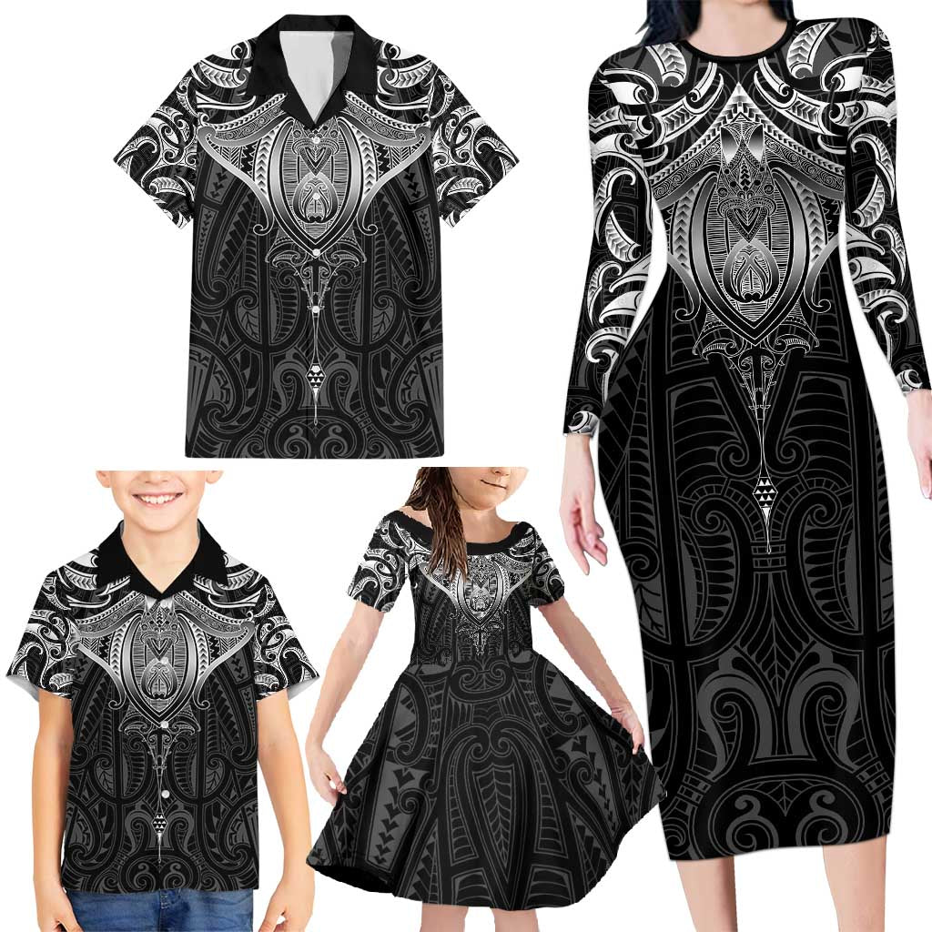 New Zealand Aotearoa Family Matching Long Sleeve Bodycon Dress and Hawaiian Shirt Maori Manta Ray Moko Black - Polynesian Pride