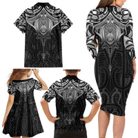 New Zealand Aotearoa Family Matching Long Sleeve Bodycon Dress and Hawaiian Shirt Maori Manta Ray Moko Black - Polynesian Pride