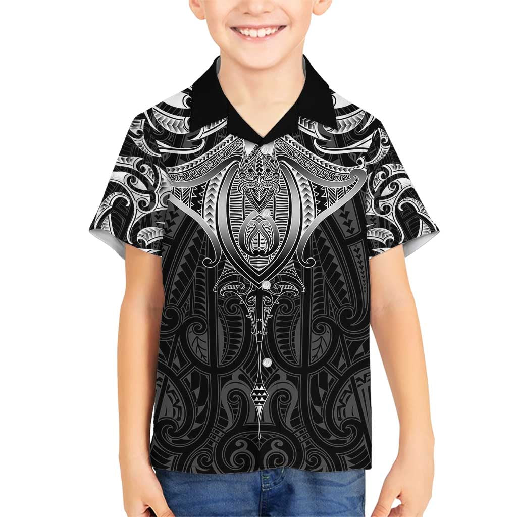 New Zealand Aotearoa Family Matching Long Sleeve Bodycon Dress and Hawaiian Shirt Maori Manta Ray Moko Black - Polynesian Pride