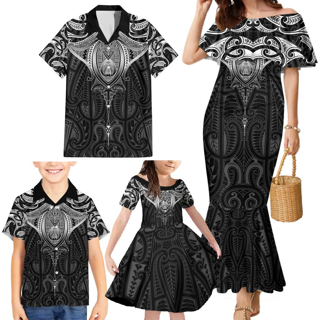 New Zealand Aotearoa Family Matching Mermaid Dress and Hawaiian Shirt Maori Manta Ray Moko Black - Polynesian Pride