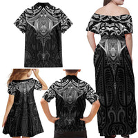 New Zealand Aotearoa Family Matching Off Shoulder Maxi Dress and Hawaiian Shirt Maori Manta Ray Moko Black - Polynesian Pride