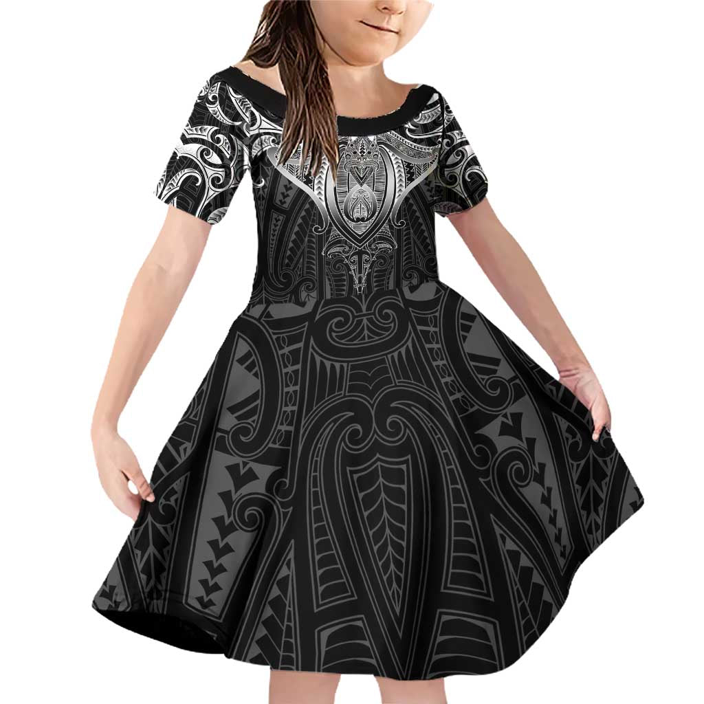 New Zealand Aotearoa Family Matching Off Shoulder Short Dress and Hawaiian Shirt Maori Manta Ray Moko Black - Polynesian Pride