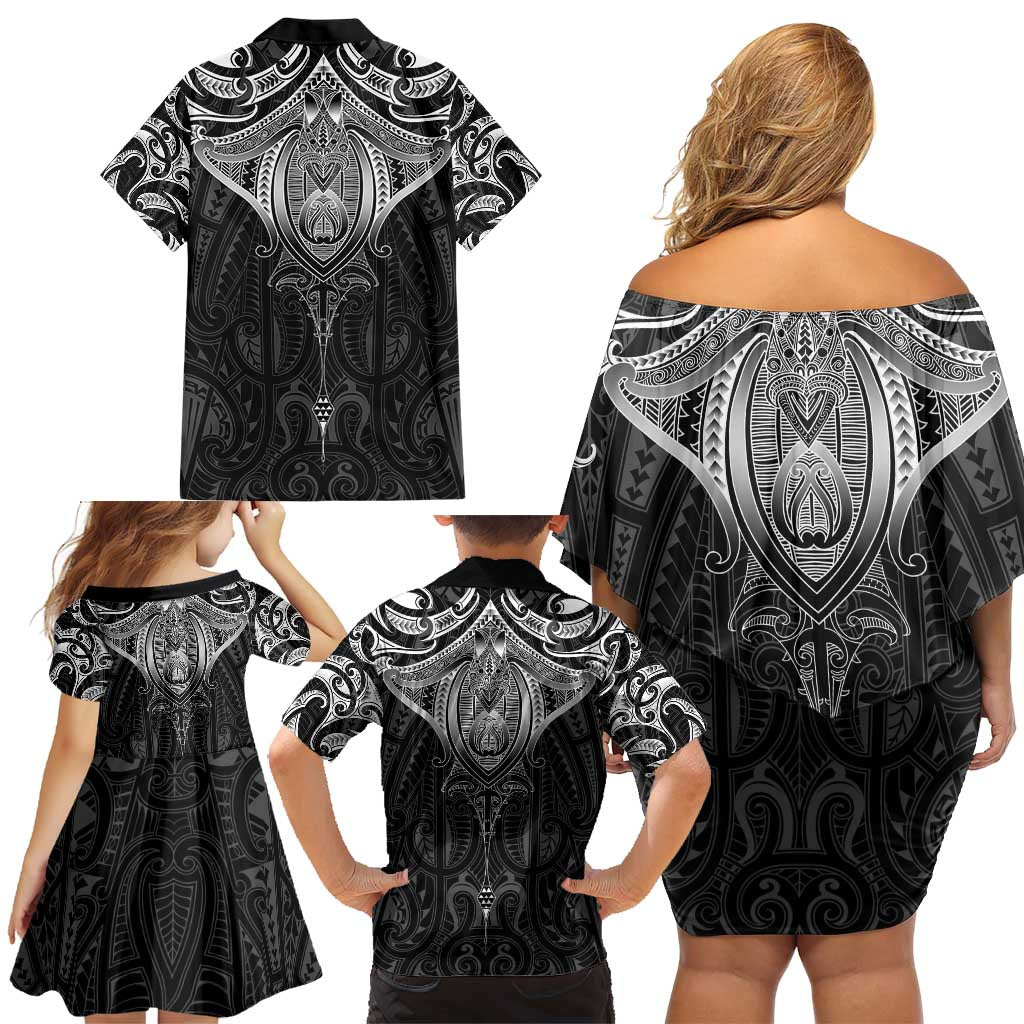 New Zealand Aotearoa Family Matching Off Shoulder Short Dress and Hawaiian Shirt Maori Manta Ray Moko Black - Polynesian Pride