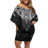 New Zealand Aotearoa Family Matching Off Shoulder Short Dress and Hawaiian Shirt Maori Manta Ray Moko Black - Polynesian Pride