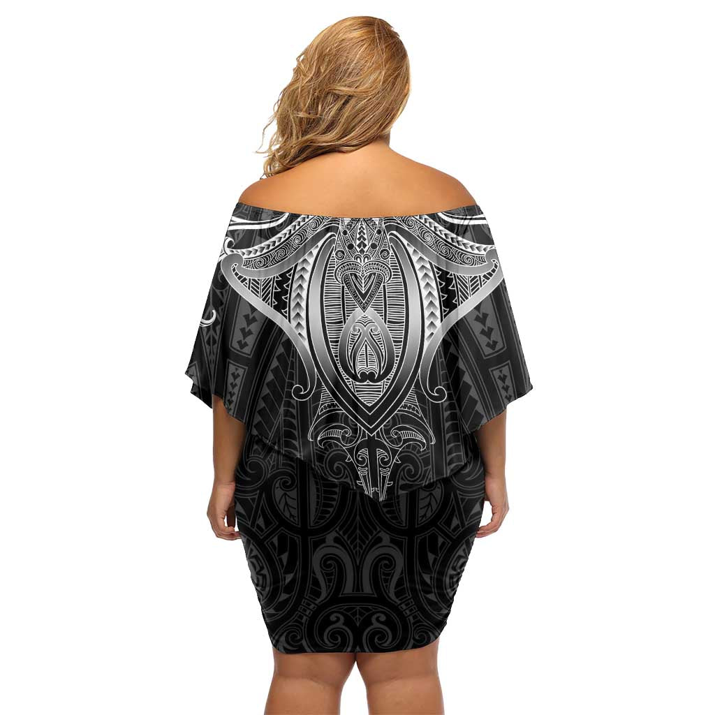New Zealand Aotearoa Family Matching Off Shoulder Short Dress and Hawaiian Shirt Maori Manta Ray Moko Black - Polynesian Pride
