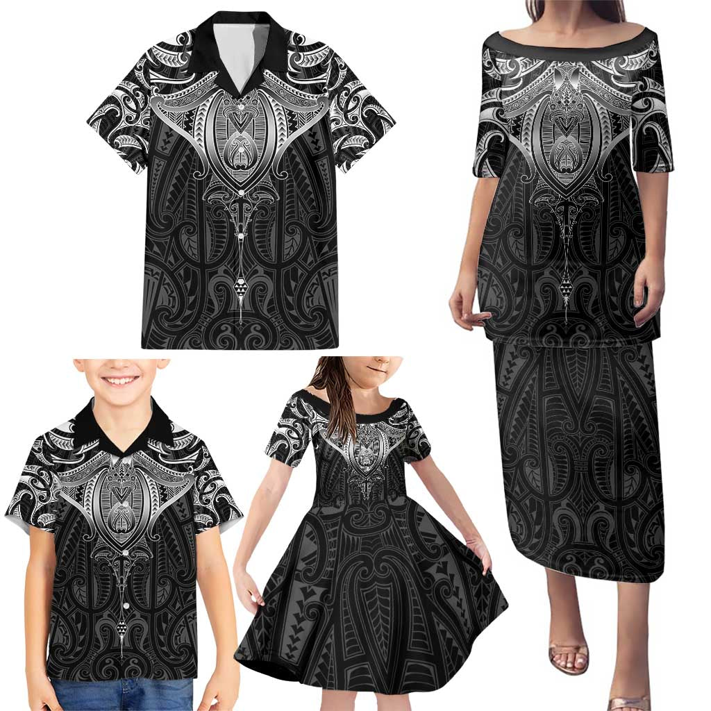 New Zealand Aotearoa Family Matching Puletasi and Hawaiian Shirt Maori Manta Ray Moko Black - Polynesian Pride