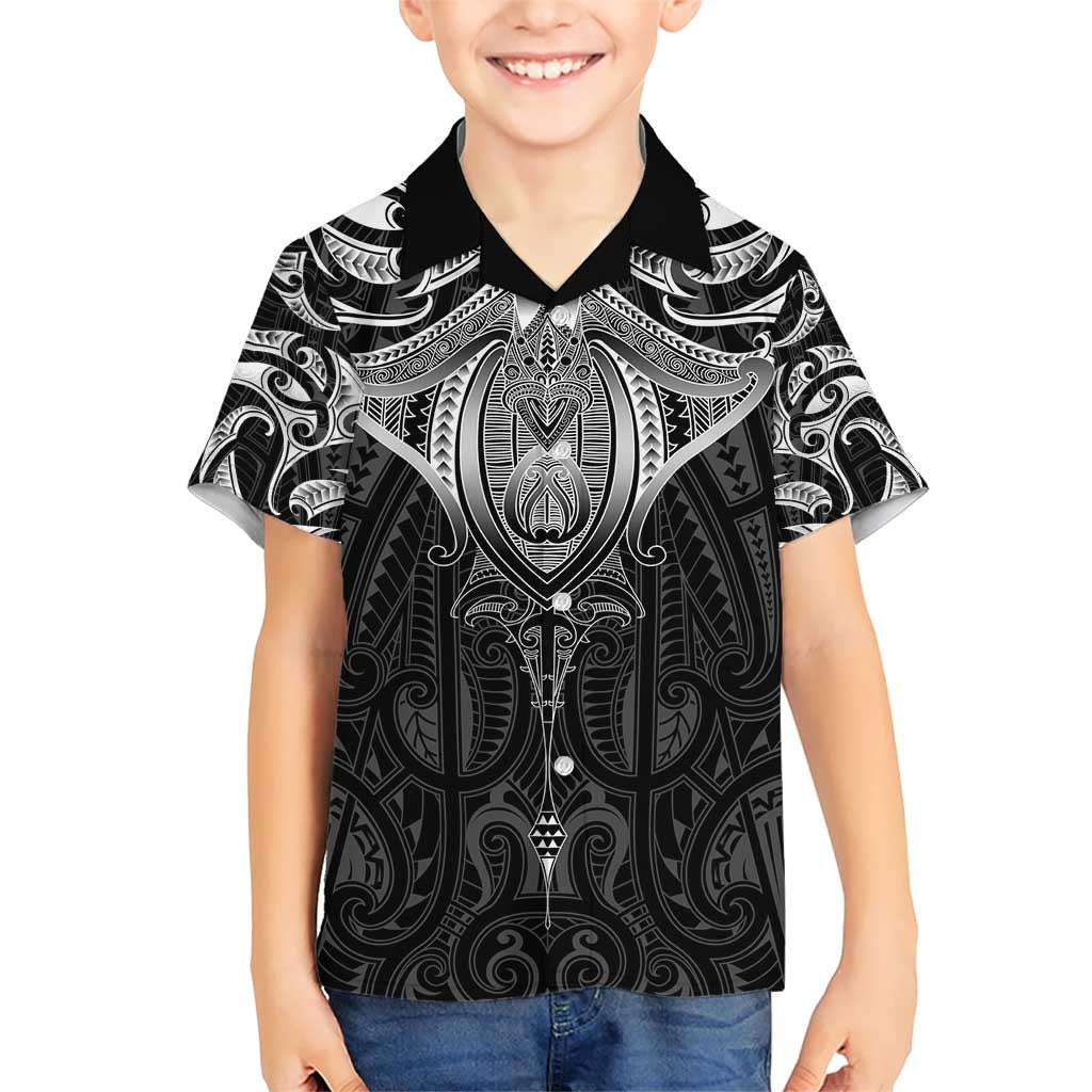 New Zealand Aotearoa Family Matching Short Sleeve Bodycon Dress and Hawaiian Shirt Maori Manta Ray Moko Black - Polynesian Pride