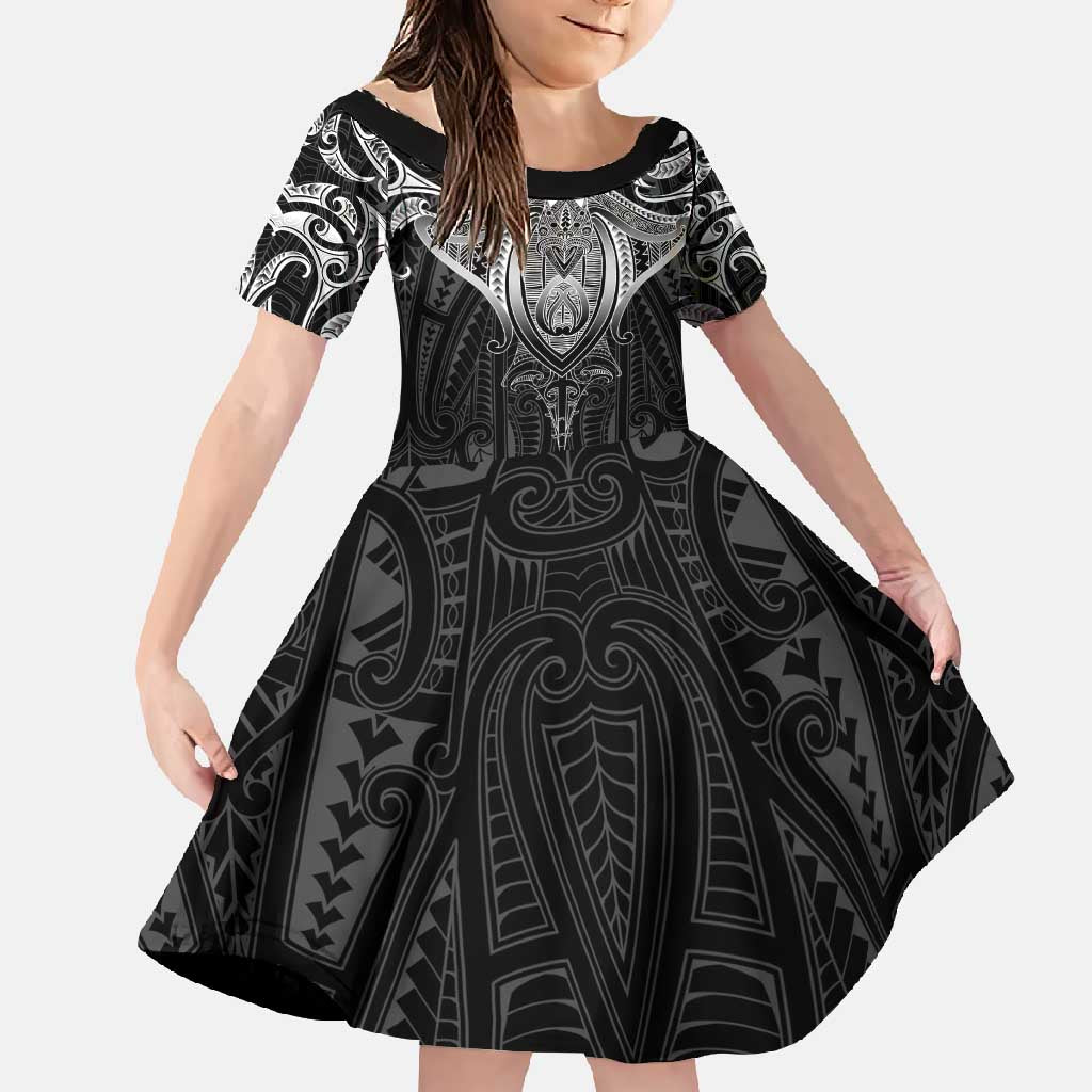 New Zealand Aotearoa Family Matching Summer Maxi Dress and Hawaiian Shirt Maori Manta Ray Moko Black - Polynesian Pride