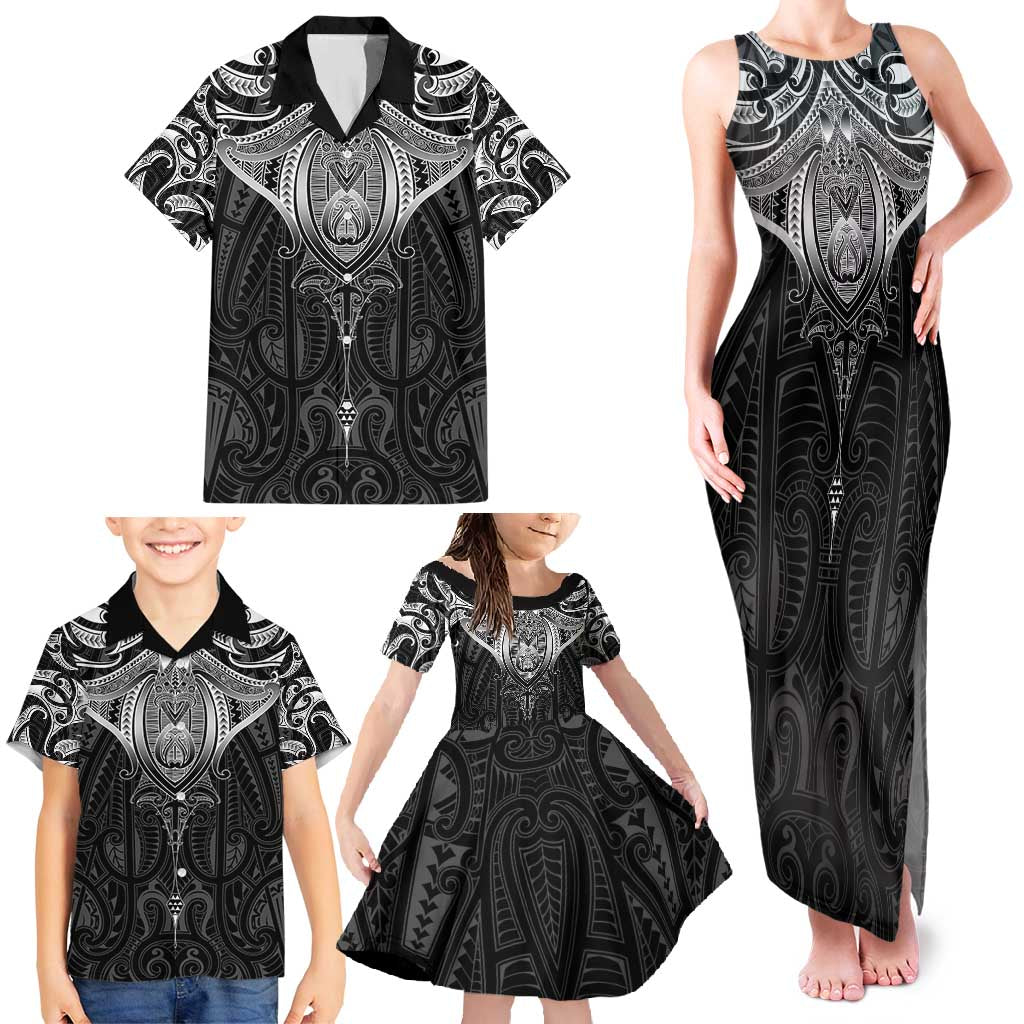 New Zealand Aotearoa Family Matching Tank Maxi Dress and Hawaiian Shirt Maori Manta Ray Moko Black - Polynesian Pride