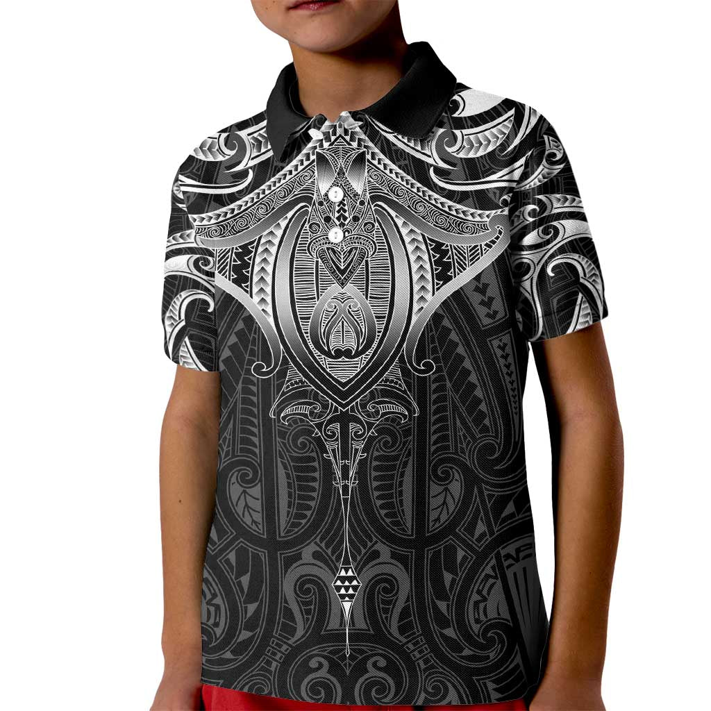 New Zealand Aotearoa Kid Polo Shirt Maori Manta Ray Moko Black - Polynesian Pride