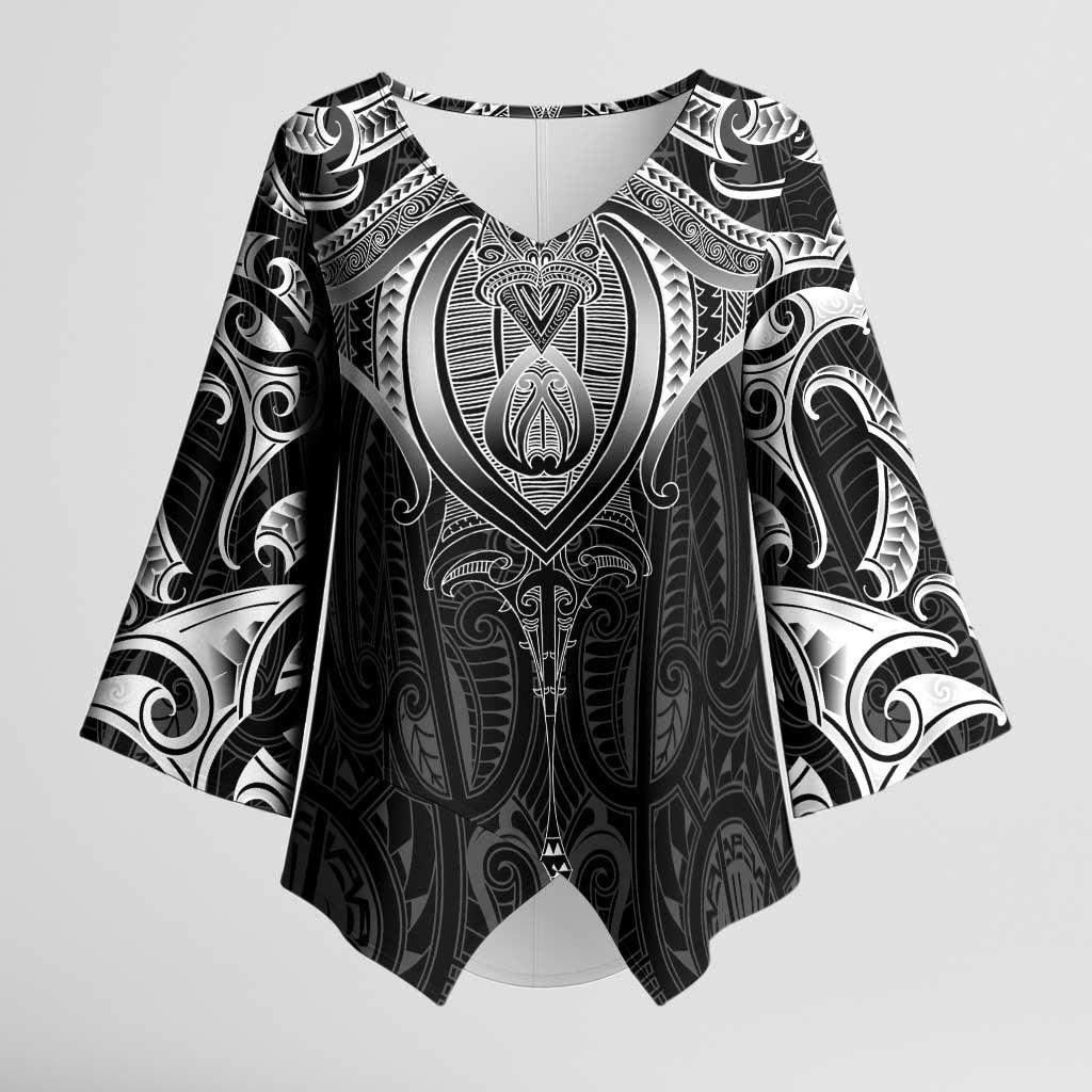New Zealand Aotearoa Kimono Sleeve Blouse Maori Manta Ray Moko Black - Polynesian Pride