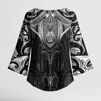New Zealand Aotearoa Kimono Sleeve Blouse Maori Manta Ray Moko Black - Polynesian Pride