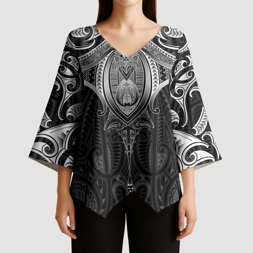 New Zealand Aotearoa Kimono Sleeve Blouse Maori Manta Ray Moko Black - Polynesian Pride