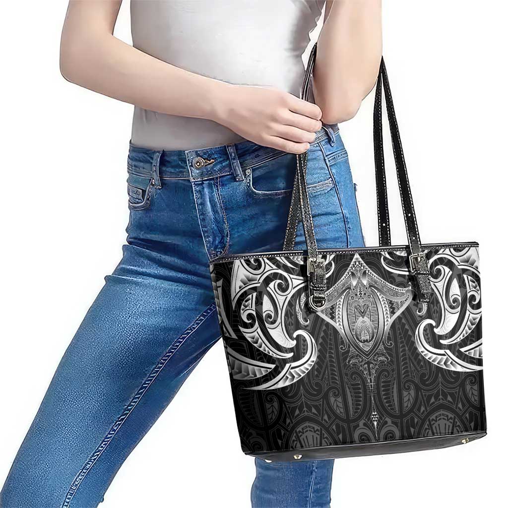 New Zealand Aotearoa Leather Tote Bag Maori Manta Ray Moko Black - Polynesian Pride