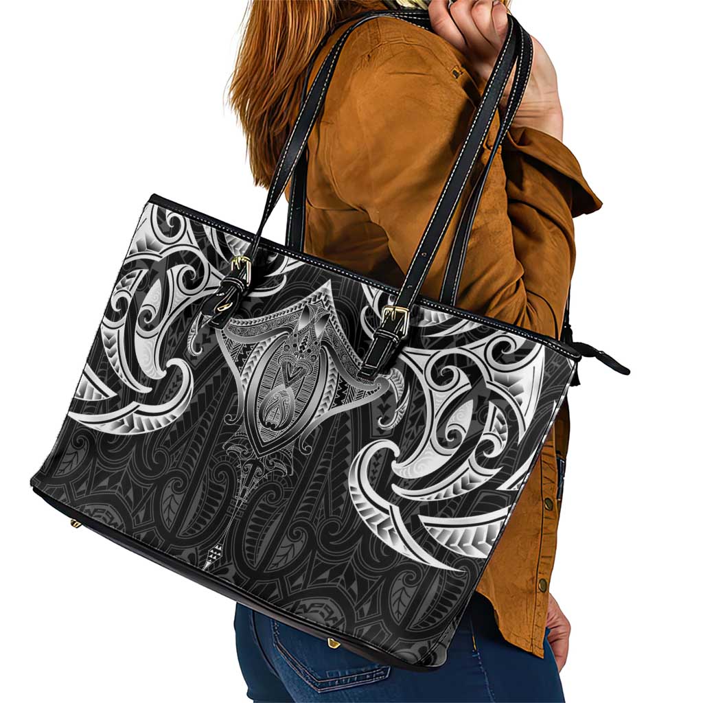 New Zealand Aotearoa Leather Tote Bag Maori Manta Ray Moko Black - Polynesian Pride