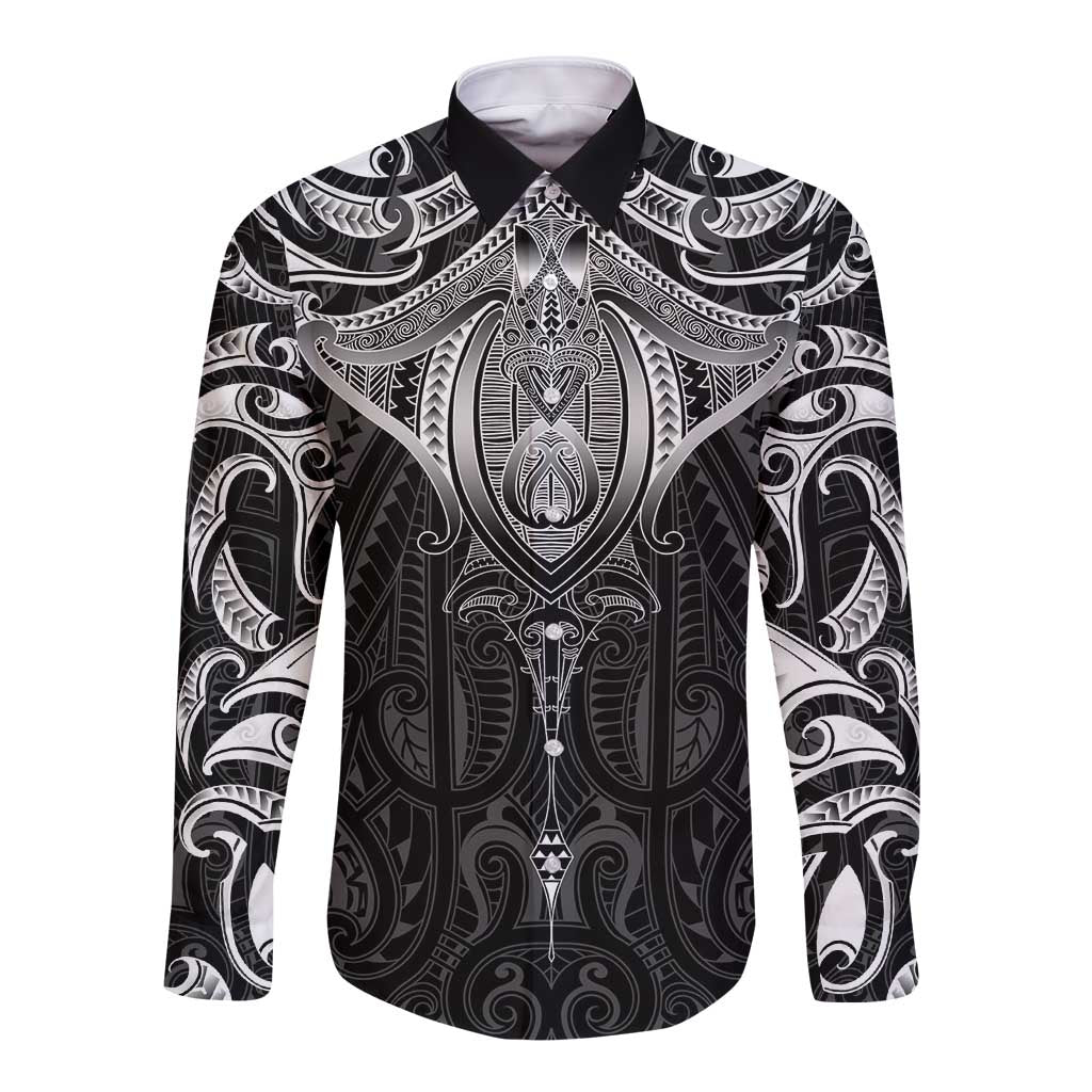 New Zealand Aotearoa Long Sleeve Button Shirt Maori Manta Ray Moko Black - Polynesian Pride