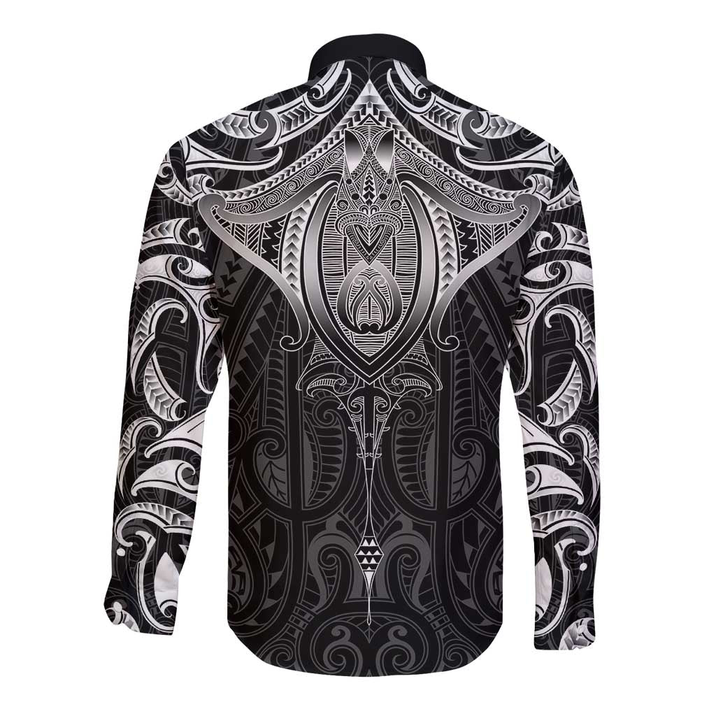 New Zealand Aotearoa Long Sleeve Button Shirt Maori Manta Ray Moko Black - Polynesian Pride