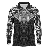 New Zealand Aotearoa Long Sleeve Polo Shirt Maori Manta Ray Moko Black - Polynesian Pride