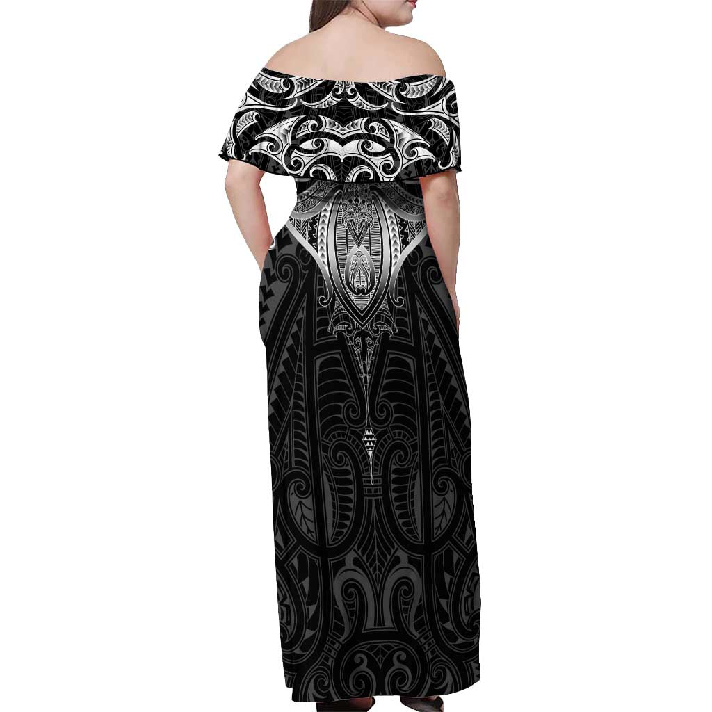 New Zealand Aotearoa Off Shoulder Maxi Dress Maori Manta Ray Moko Black - Polynesian Pride