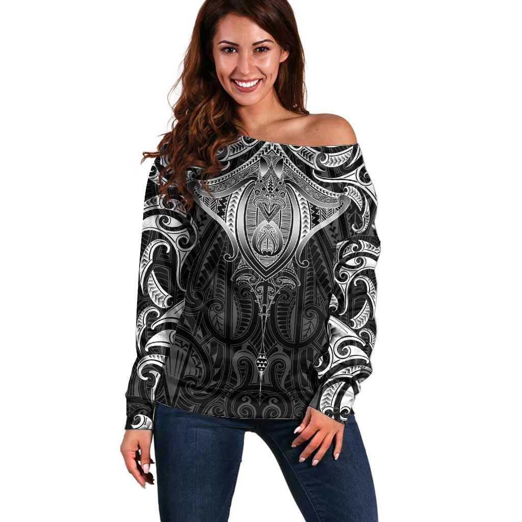 New Zealand Aotearoa Off Shoulder Sweater Maori Manta Ray Moko Black - Polynesian Pride