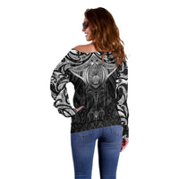 New Zealand Aotearoa Off Shoulder Sweater Maori Manta Ray Moko Black - Polynesian Pride