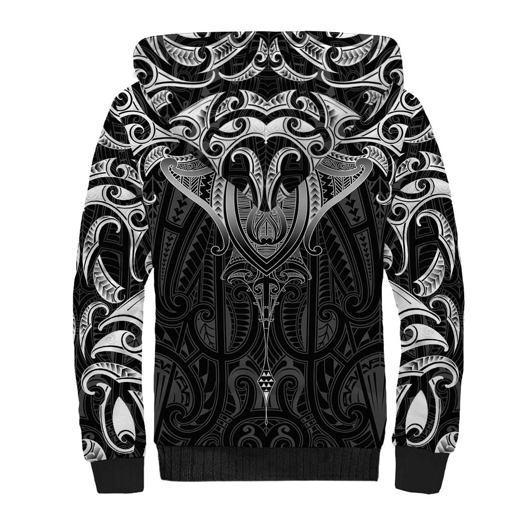 New Zealand Aotearoa Sherpa Hoodie Maori Manta Ray Moko Black - Polynesian Pride